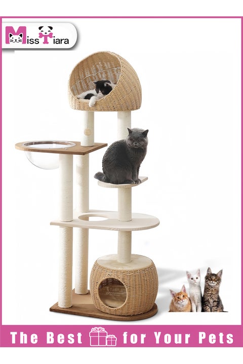 Cat Tree Tower, Cat Scratching Posts,Cat Furniture Scratching Tree for Indoor Cat, Multi-layer platform for cats to jump freely, Solid wood Manual Hand Woven Cat House, Unique New Cat Condo High-end Design Cat Furniture Activity Centre, Easy Clean Best Gift for Cat