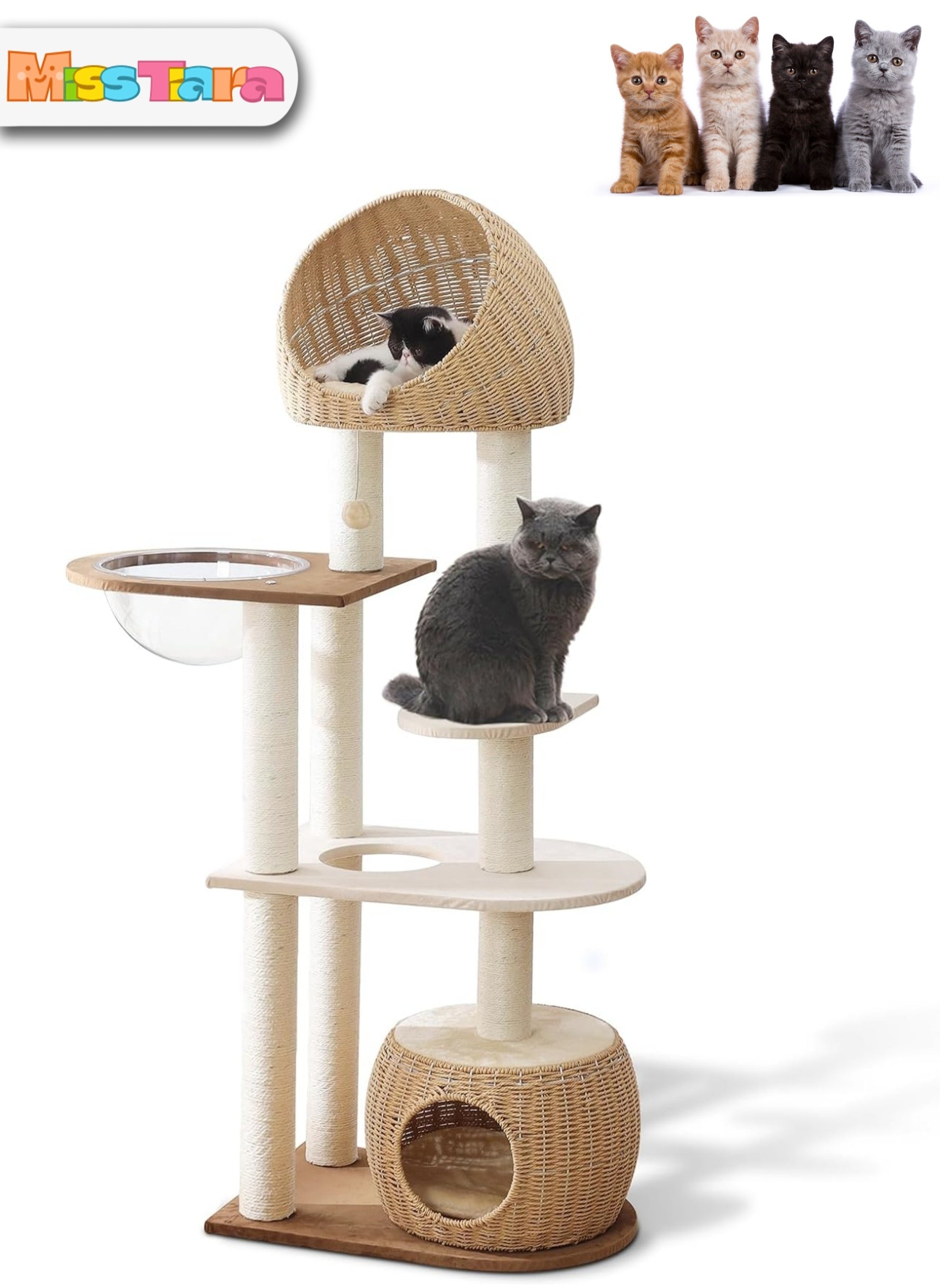 Modern Cat Tree Tower for Indoor Cats  Solid Oak Cat Scratching Tree for Multiple Large Cats Manual Hand Woven Luxury Cat Condo, Unique High-end Design Cat Furniture Activity Centre, Easy Clean 