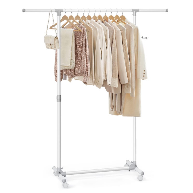 SONGMICS Clothes Rack with Castors Garment Rack Adjustable Height Between 97165 cm Clothes Rail with Extendable Bar Side Hooks for Accessories and Bags White LLR001W01