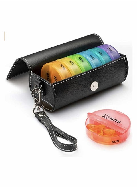 Weekly Pill Organizer 2 Times a Day, AM PM Pill Box with PU Case Portable for Travel Supplement, Small Tablet Boxes 7 Day, Round Dosette Box for Week, Daily Organizer for Vitamin Fish Oil