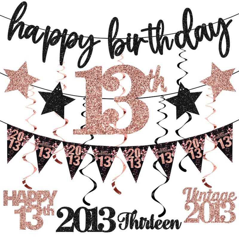 Guiruiy 12PCS 13th Birthday Decorations for GIrls, Rose Gold Vintage 2013 Happy 13th Birthday Banner Triangle Flag Banner Glitter Hanging Swirls Party Supplies, 13 Years Old Teenager Bday Decor - Image 1