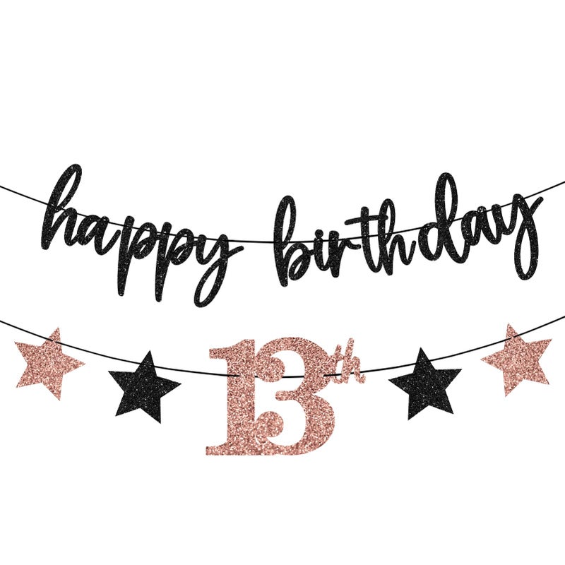Guiruiy 12PCS 13th Birthday Decorations for GIrls, Rose Gold Vintage 2013 Happy 13th Birthday Banner Triangle Flag Banner Glitter Hanging Swirls Party Supplies, 13 Years Old Teenager Bday Decor - Image 3