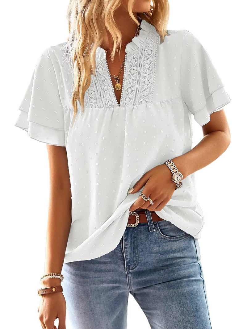 Falechay Boho Tops for Women Trendy Ruffle Sleeve V Neck Womens Short Sleeve Blouses Smocked Flowy Shirts White S - Image 1