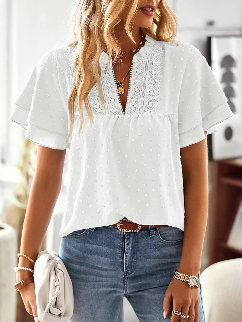 Falechay Boho Tops for Women Trendy Ruffle Sleeve V Neck Womens Short Sleeve Blouses Smocked Flowy Shirts White S - Image 4