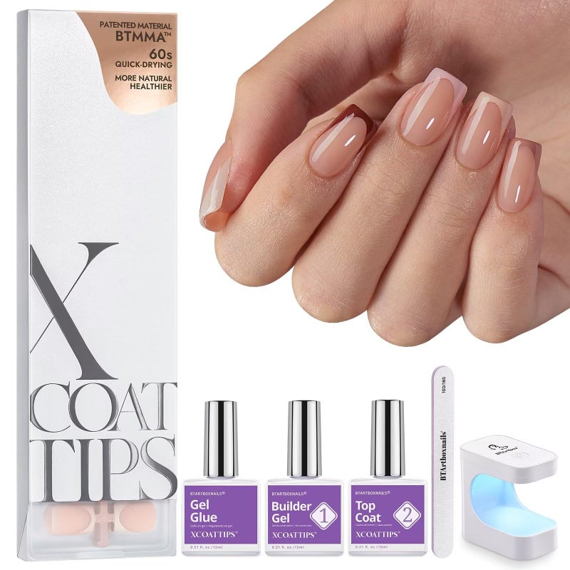 BTArtboxnails XCOATTIPS French Tip Press on Nails - Skin Tones Short Press On Nails Square, Soft Gel Nail Tips with Nail Gel, French Protecting Duo, Nail Lamp, All in One Fake Nail Extension Kit - Image 1