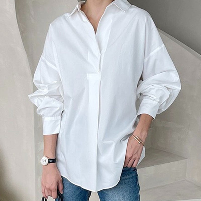 2024 early spring new elegant all-match button loose slimming solid color long sleeve shirt cotton top for women White