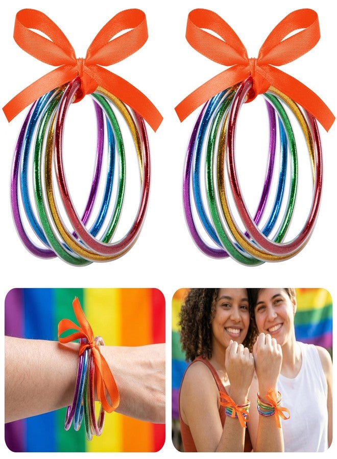 RunNico 10 Pcs Pride Month Jelly Bangles, Rainbow LGBTQ Jelly Bangles with Bowknot, 5 Colors Glitter Filled Bracelets for Pride Themed Party Parades Favors Costume Accessories - Image 1