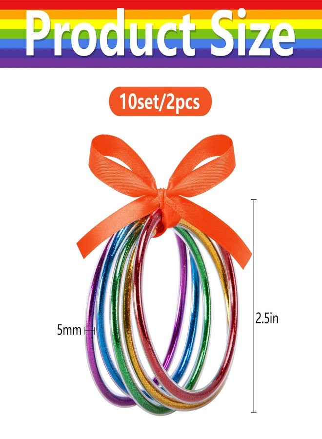 RunNico 10 Pcs Pride Month Jelly Bangles, Rainbow LGBTQ Jelly Bangles with Bowknot, 5 Colors Glitter Filled Bracelets for Pride Themed Party Parades Favors Costume Accessories - Image 2
