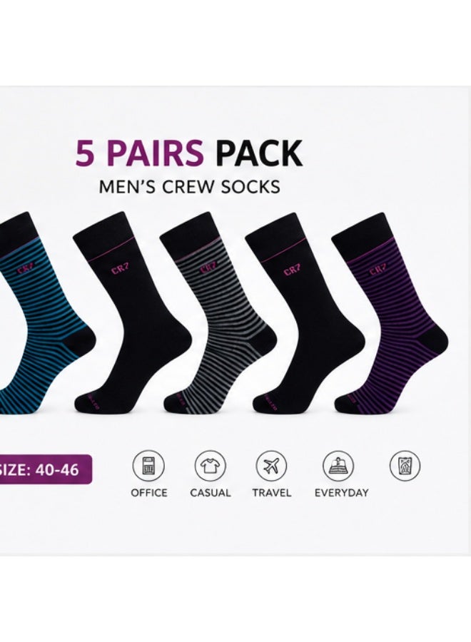 CR7 Men's Socks 5-Pack, Cotton Rich Crew Socks, EU Size 40–46, 75% Cotton, 22% Polyester, 3% Elastane, Comfortable Stretch Fit, Multicolor Designs - Image 5
