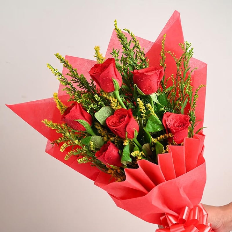 Floweraura FlowerAura Fresh Live Flower Bouquet of 6 Red Roses Flowers In Designer Paper For Birthday Gift Anniversary Gift Wedding Gift Congratulations Gift Gift For Special Occasions Same Day Delivery  - Image 2