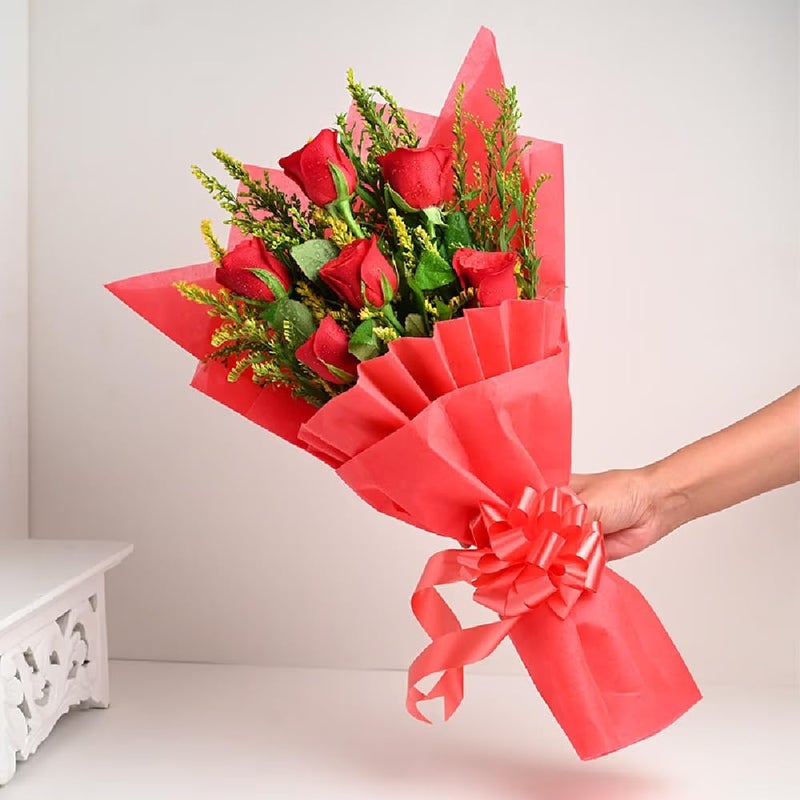 Floweraura FlowerAura Fresh Live Flower Bouquet of 6 Red Roses Flowers In Designer Paper For Birthday Gift Anniversary Gift Wedding Gift Congratulations Gift Gift For Special Occasions Same Day Delivery  - Image 1