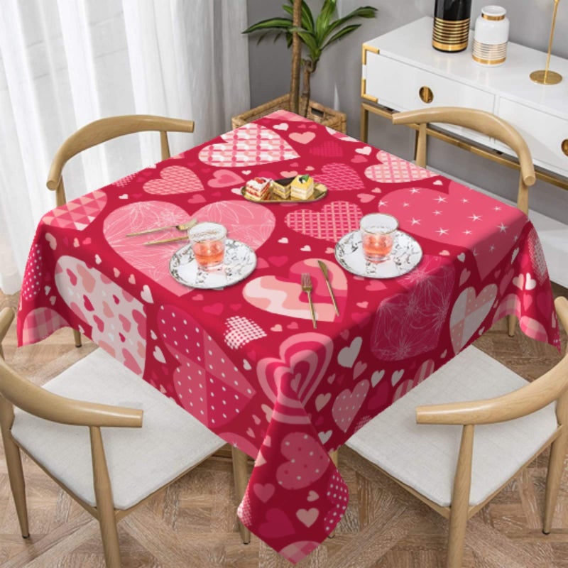 aportt Valentine's Day Square Tablecloth 60Ã—60 Inches Pink Love Hearts Table Cover Washable Wrinkle Free Stain Resistant Water-Proof Valentines Red Table Cloth - Image 1