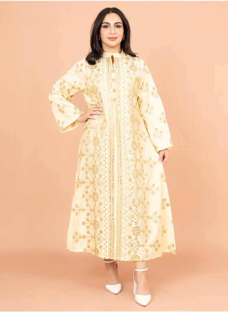 IKKXA Elegant Jalabiya with Intricate Embroidery Work IK6005 Beige