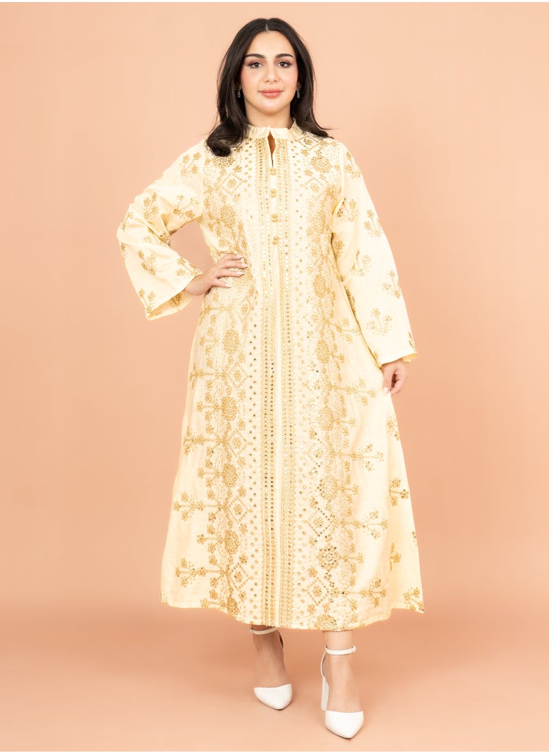 IKKXA Elegant Jalabiya with Intricate Embroidery Work IK6005 Beige  - Image 1