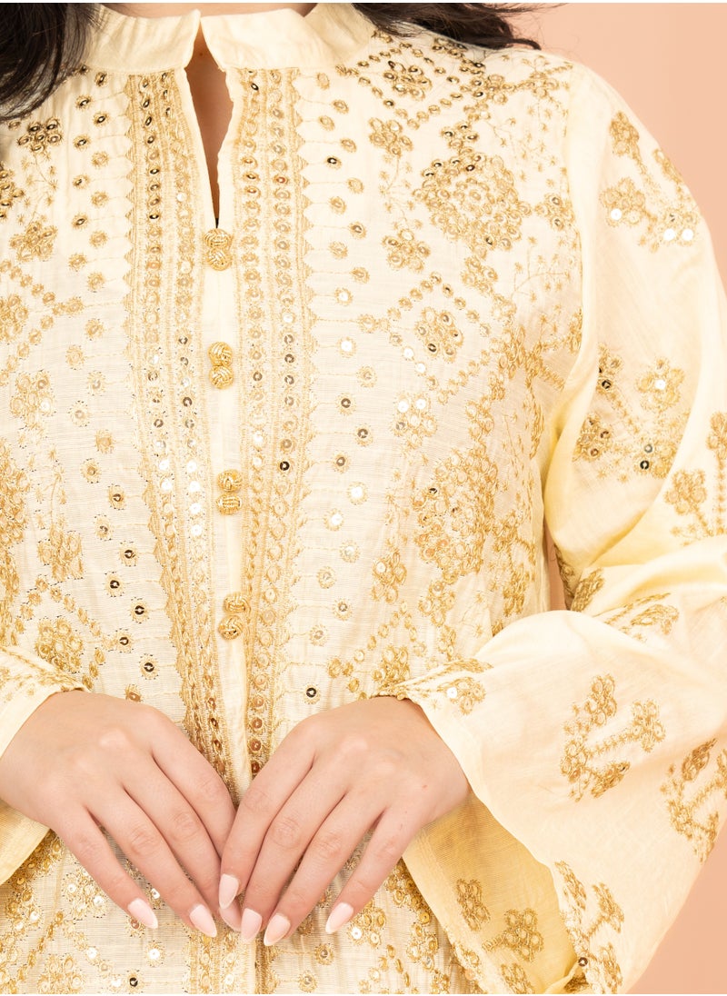 IKKXA Elegant Jalabiya with Intricate Embroidery Work IK6005 Beige  - Image 2