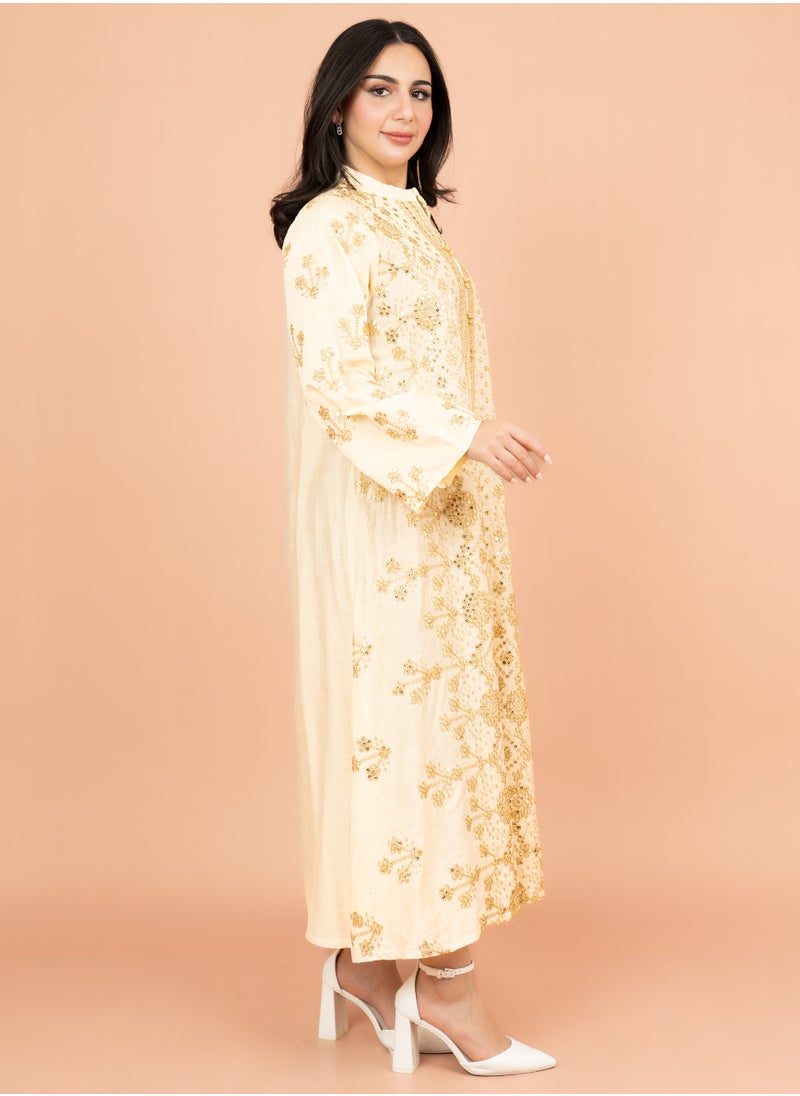 IKKXA Elegant Jalabiya with Intricate Embroidery Work IK6005 Beige  - Image 3