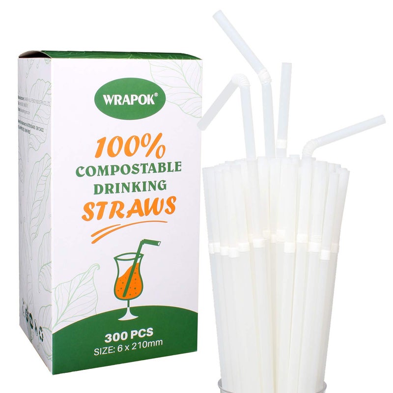WRAPOK Biodegradable Drinking Straws 300 Pack 100 Compostable Flexible Plant Based Straw for Birthday or Party