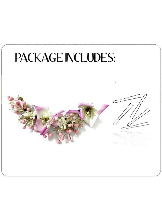 توهج الشعر زهرة زنبق صناعية مع حجر وعرق اللؤلؤ للشعر/كعكة جودا/دبوس شعر العروس/مشبك شعر/إكسسوارات شعر للنساء والفتيات - 2383، وردي فاتح - Image 5