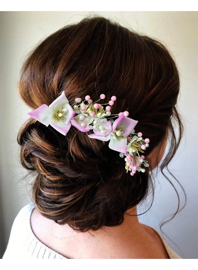 توهج الشعر زهرة زنبق صناعية مع حجر وعرق اللؤلؤ للشعر/كعكة جودا/دبوس شعر العروس/مشبك شعر/إكسسوارات شعر للنساء والفتيات - 2383، وردي فاتح - Image 3