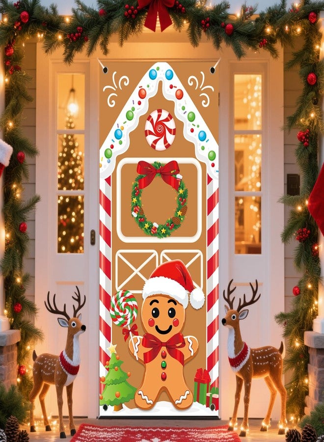 REDWORD Gingerbread Christmas Door Cover, 79x35Inch Reusable Gingerbread Front Door Banner Backdrop Outdoor Sign for Christmas Home Office Wall Doors Party Decorations - Image 1