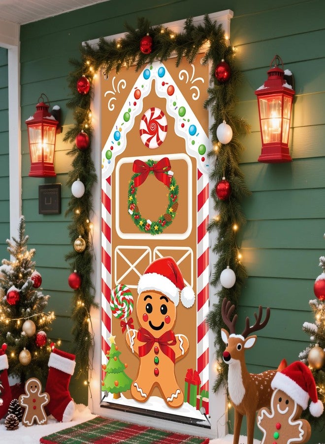 REDWORD Gingerbread Christmas Door Cover, 79x35Inch Reusable Gingerbread Front Door Banner Backdrop Outdoor Sign for Christmas Home Office Wall Doors Party Decorations - Image 5