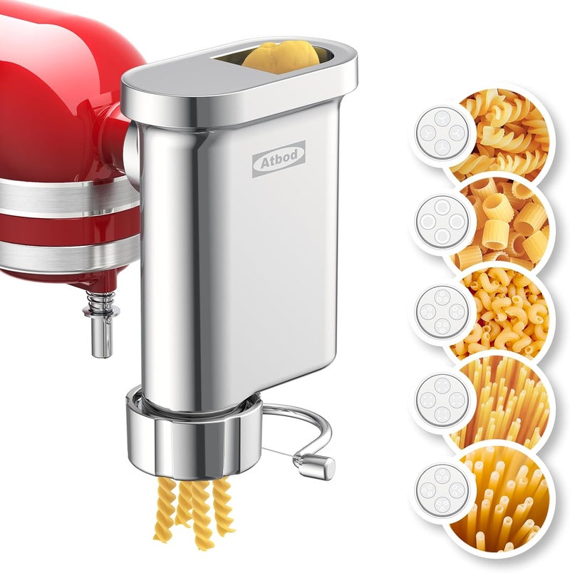 Atbod Metal Gourmet Pasta Press Attachment for Kitchenaid Stand Mixer, Pasta Maker Attachment with 5 Interchangeable Plates, Spaghetti Bucatini Fusilli Large/Small Macaroni - Image 1