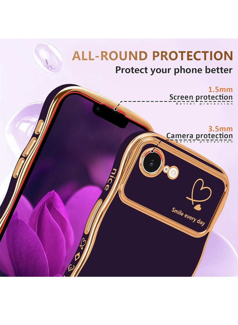 WRISTWISE Case Cover for iPhone 16e, Cute Wave Frame Curly Shape with Love Heart Pattern Raised Camera Protection Cover Luxury Plating Shockproof Phone Case for iPhone 16e, Purple - Image 4