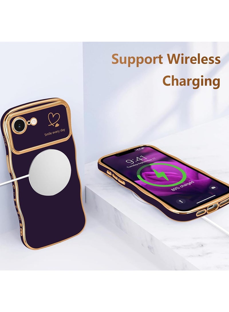WRISTWISE Case Cover for iPhone 16e, Cute Wave Frame Curly Shape with Love Heart Pattern Raised Camera Protection Cover Luxury Plating Shockproof Phone Case for iPhone 16e, Purple - Image 5