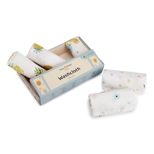 haus & kinder 100% Cotton Muslin Baby Washcloths – Pack of 5 | Soft, Absorbent & Breathable | Newborn Bath Towels | Colorful Baby Washcloth Bundle | Reusable Face & Burp Cloths, Multicolor - Image 2