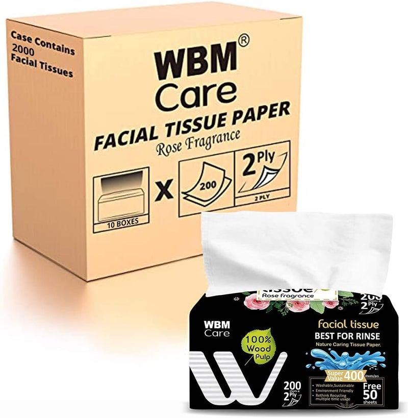 WBM Care Professional Facial Tissues with Rose Fragrance  10 Boxes per Case 200 Sheets Each Pack of 10  UltraSoft White Tissues for Gentle Care - Image 1