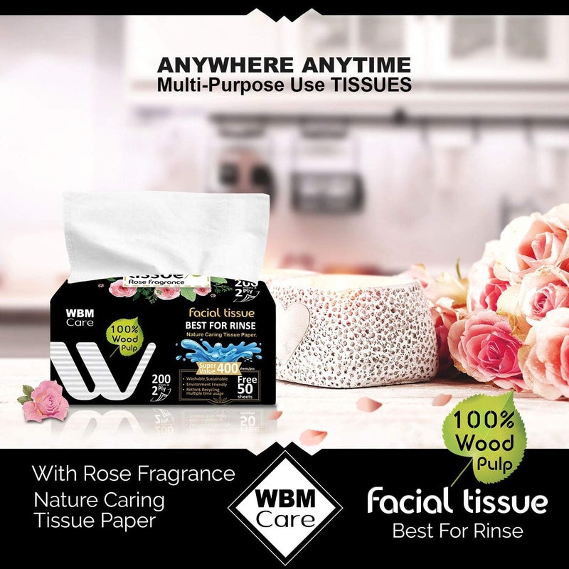 WBM Care Professional Facial Tissues with Rose Fragrance  10 Boxes per Case 200 Sheets Each Pack of 10  UltraSoft White Tissues for Gentle Care - Image 4