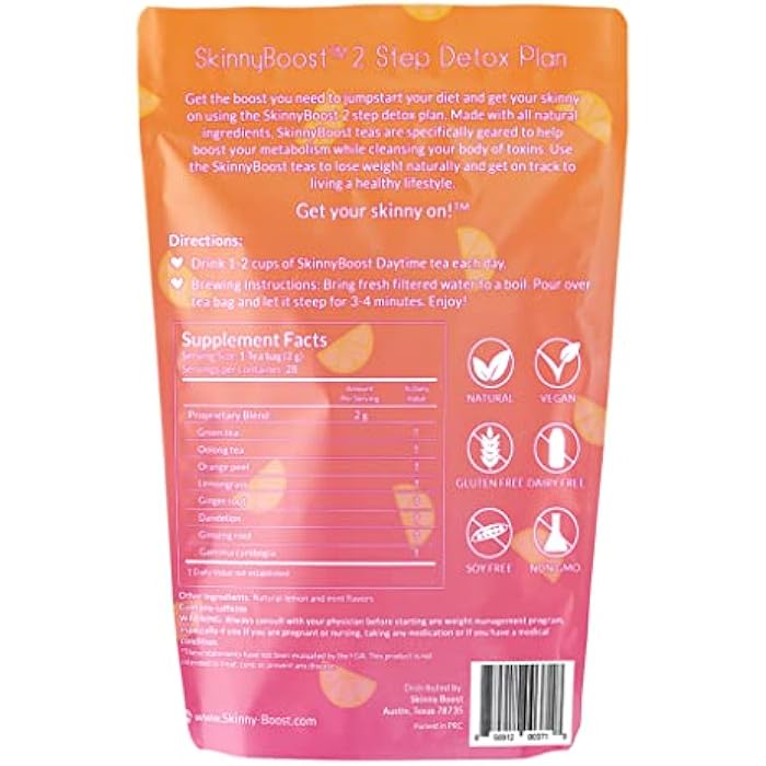 SkinnyBoost 28 Day Detox Daytime Tea - CITRUS MINT (28 Tea Bags) Supports Metabolism Boost, Detox, All Natural, Non GMO, Vegan, Keto Friendly - Image 2