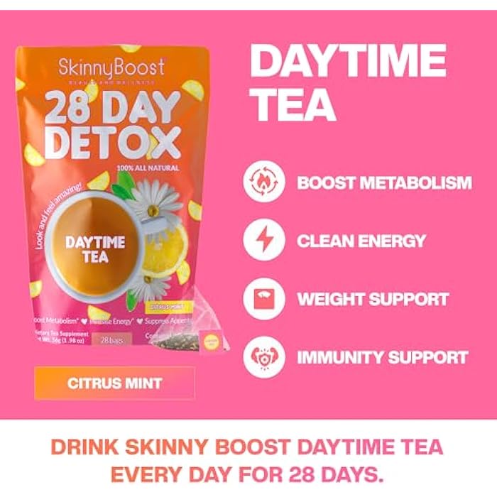 SkinnyBoost 28 Day Detox Daytime Tea - CITRUS MINT (28 Tea Bags) Supports Metabolism Boost, Detox, All Natural, Non GMO, Vegan, Keto Friendly - Image 3