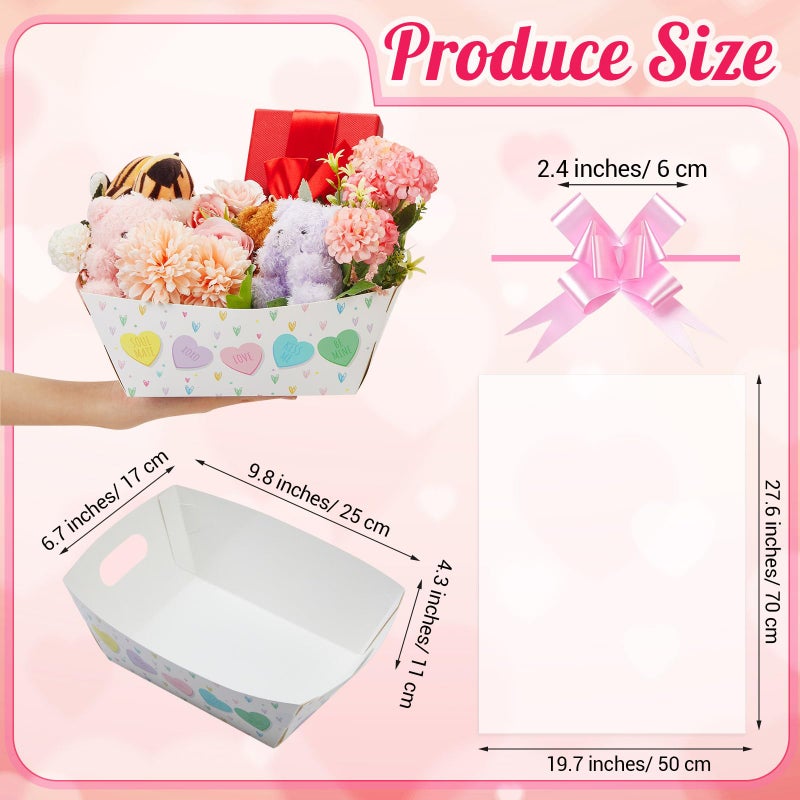 Kolldenn 30 Set Valentine's Day Baskets Gifts Empty Colorful Conversation Heart Valentines Empty Market Tray Cardboard Basket Clear Cellophane Bags Pull Bows for Wedding Supplies - Image 2