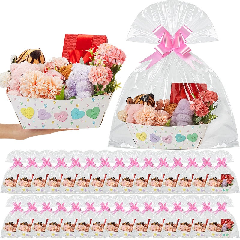 Kolldenn 30 Set Valentine's Day Baskets Gifts Empty Colorful Conversation Heart Valentines Empty Market Tray Cardboard Basket Clear Cellophane Bags Pull Bows for Wedding Supplies - Image 1