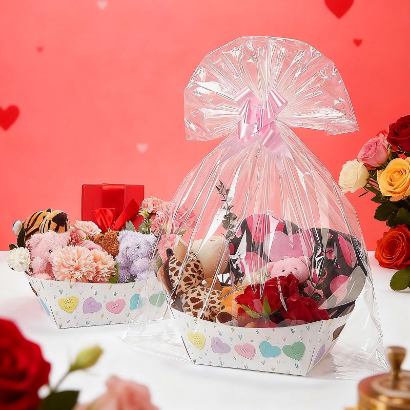 Kolldenn 30 Set Valentine's Day Baskets Gifts Empty Colorful Conversation Heart Valentines Empty Market Tray Cardboard Basket Clear Cellophane Bags Pull Bows for Wedding Supplies - Image 4