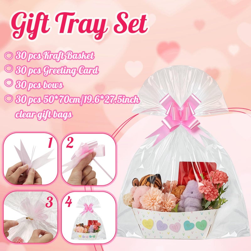 Kolldenn 30 Set Valentine's Day Baskets Gifts Empty Colorful Conversation Heart Valentines Empty Market Tray Cardboard Basket Clear Cellophane Bags Pull Bows for Wedding Supplies - Image 3