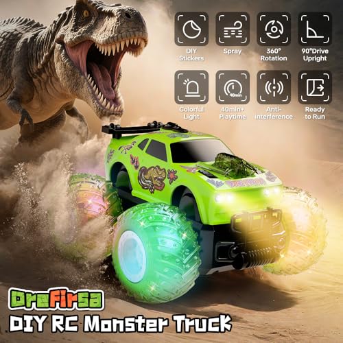 Drefirsa Remote Control Car for Toddler Monster Truck for Boy Age 47 with Dinosaur DIY Sticker Headlight Colorful Light Spin and Mist Birthday Gift Toy for Boy Age 35 57 - Image 5