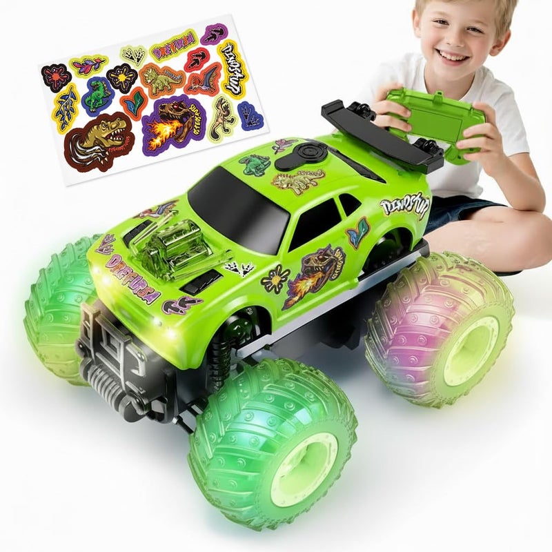 Drefirsa Remote Control Car for Toddler Monster Truck for Boy Age 47 with Dinosaur DIY Sticker Headlight Colorful Light Spin and Mist Birthday Gift Toy for Boy Age 35 57 - Image 3