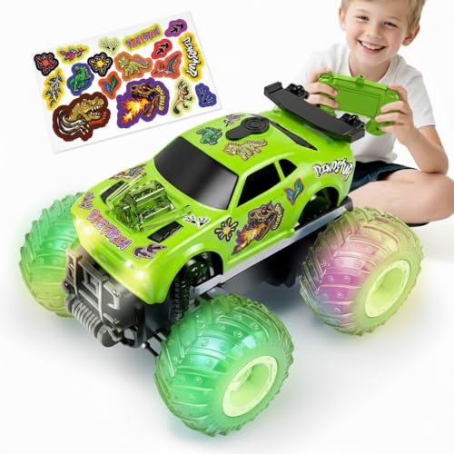 Drefirsa Remote Control Car for Toddler Monster Truck for Boy Age 47 with Dinosaur DIY Sticker Headlight Colorful Light Spin and Mist Birthday Gift Toy for Boy Age 35 57 - Image 1