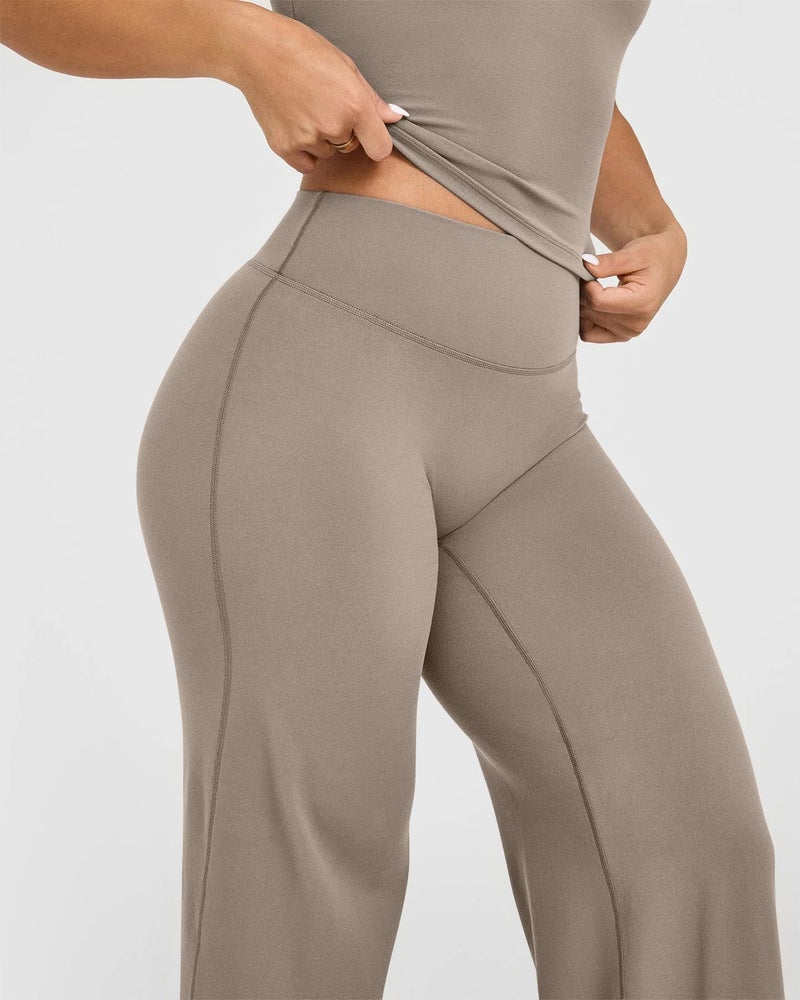 OQQ Yoga Pants Women High Waist Stretch Casual Soft Straight Leg Bottoms Taupe - Image 3
