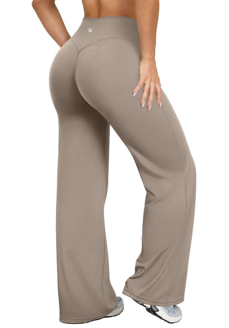 OQQ Yoga Pants Women High Waist Stretch Casual Soft Straight Leg Bottoms Taupe - Image 1