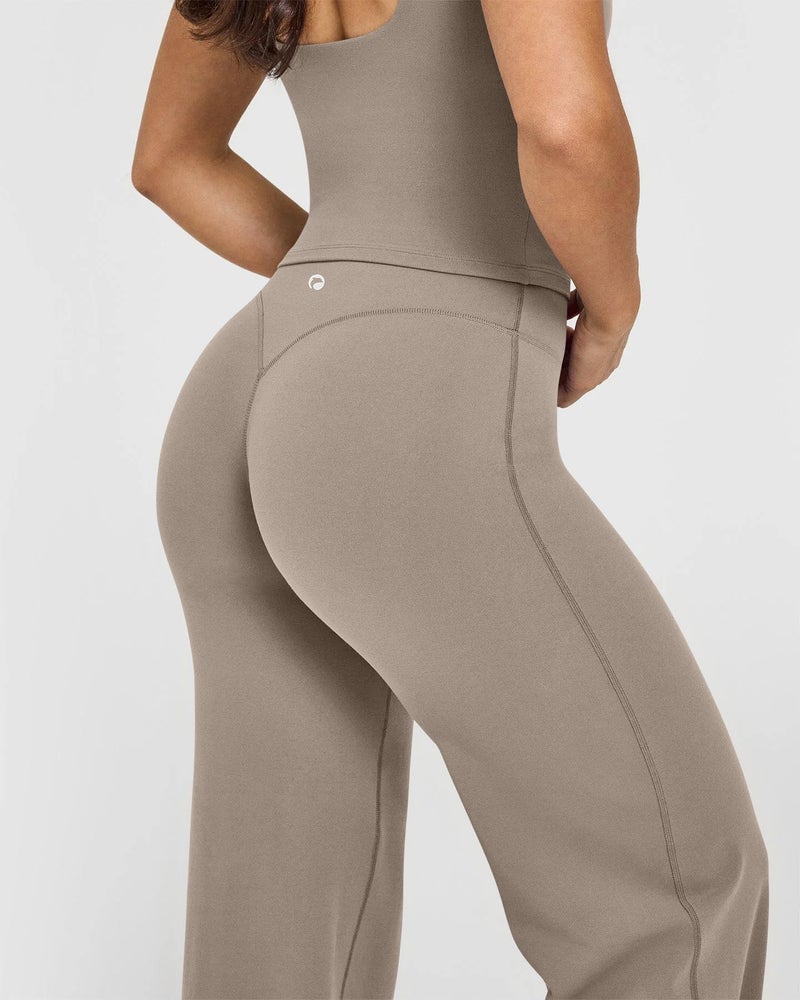 OQQ Yoga Pants Women High Waist Stretch Casual Soft Straight Leg Bottoms Taupe - Image 4