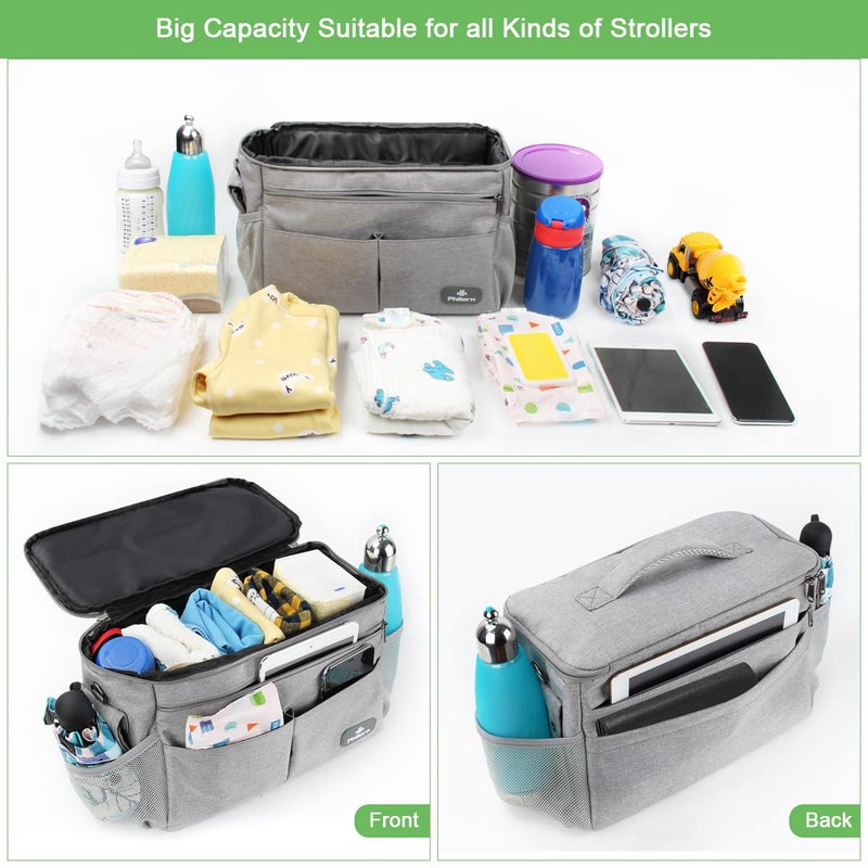 aden + anais Philorn Pram Bag Baby Stroller Organizer with Insulated Cup Holders & Shoulder Strap, Large Caddy Parent Console Bag Extra Storage Easily Firmly Attachement 3 Ways to Carry Bag for Buggy - Image 2