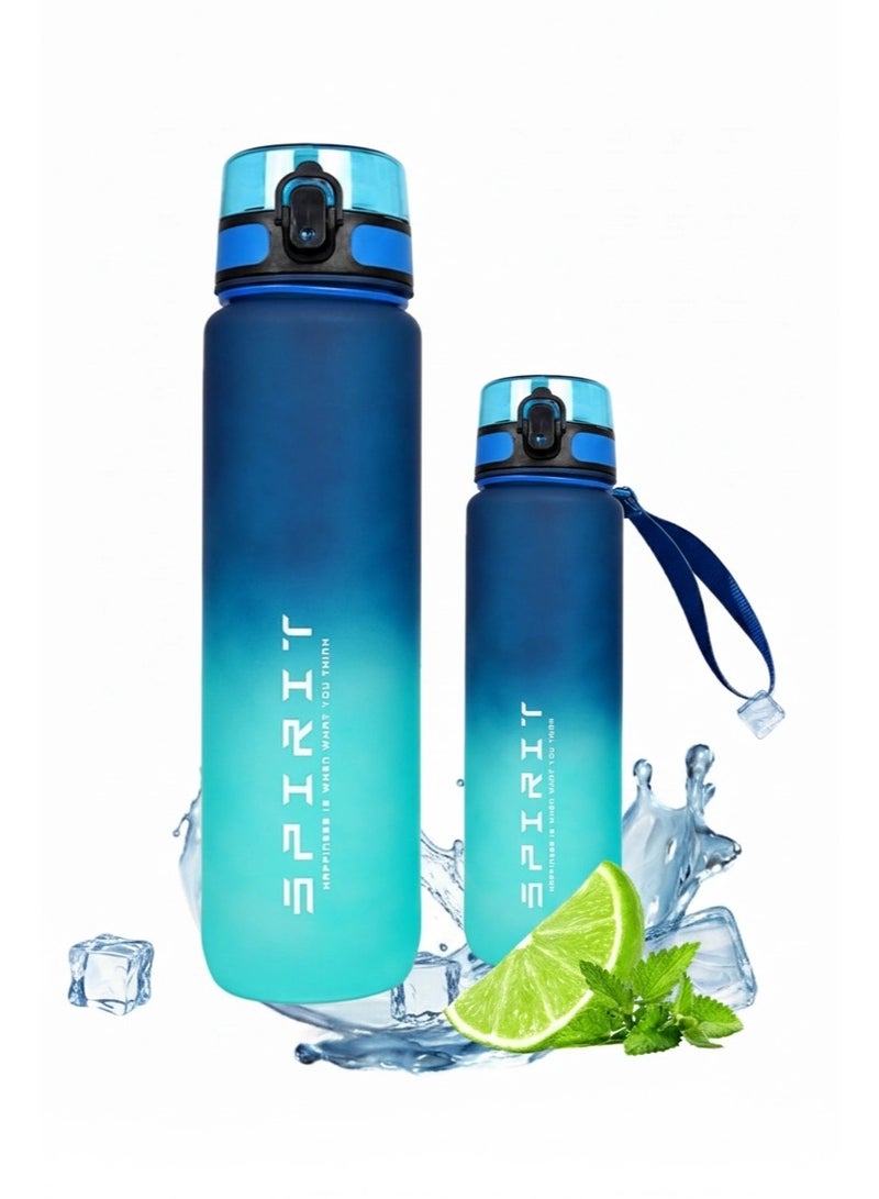 سبيريت زجاجة ماء رياضية من قطعتين مع مؤشر الوقت خالية من مادة BPA ومضادة للتسرب، قابلة لإعادة الاستخدام وقابلة للحمل، إبريق شرب لللياقة البدنية والرياضة، سعة 1 لتر للرجال والنساء والأطفال والطلاب، مناسبة للتخييم والمكتب والمدرسة والصالة الرياضية، 1000 مل و750 مل - Image 1