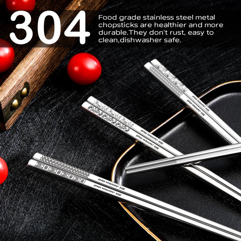 NEWDRIP 8 Pairs Metal Chopsticks Reusable 18/8 Stainless Steel Chopsticks Set Cute Laser Engraved Non-slip Japanese Korean Chinese Chopstick for Cooking Eating Dishwasher Safe 9.25" Chop Sticks Gift Set - Image 4