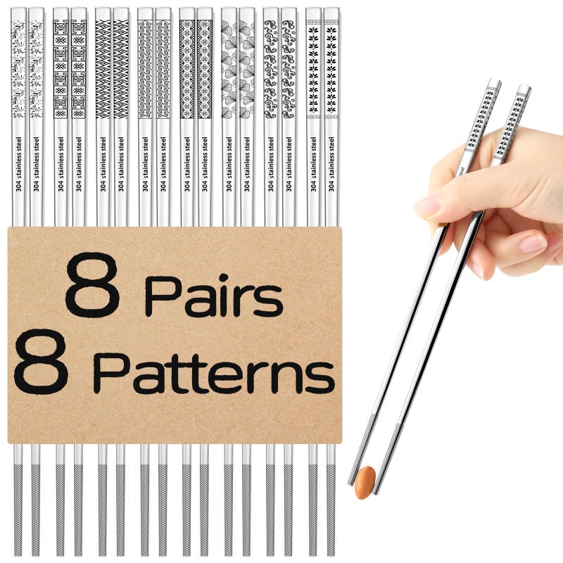 NEWDRIP 8 Pairs Metal Chopsticks Reusable 18/8 Stainless Steel Chopsticks Set Cute Laser Engraved Non-slip Japanese Korean Chinese Chopstick for Cooking Eating Dishwasher Safe 9.25" Chop Sticks Gift Set - Image 1