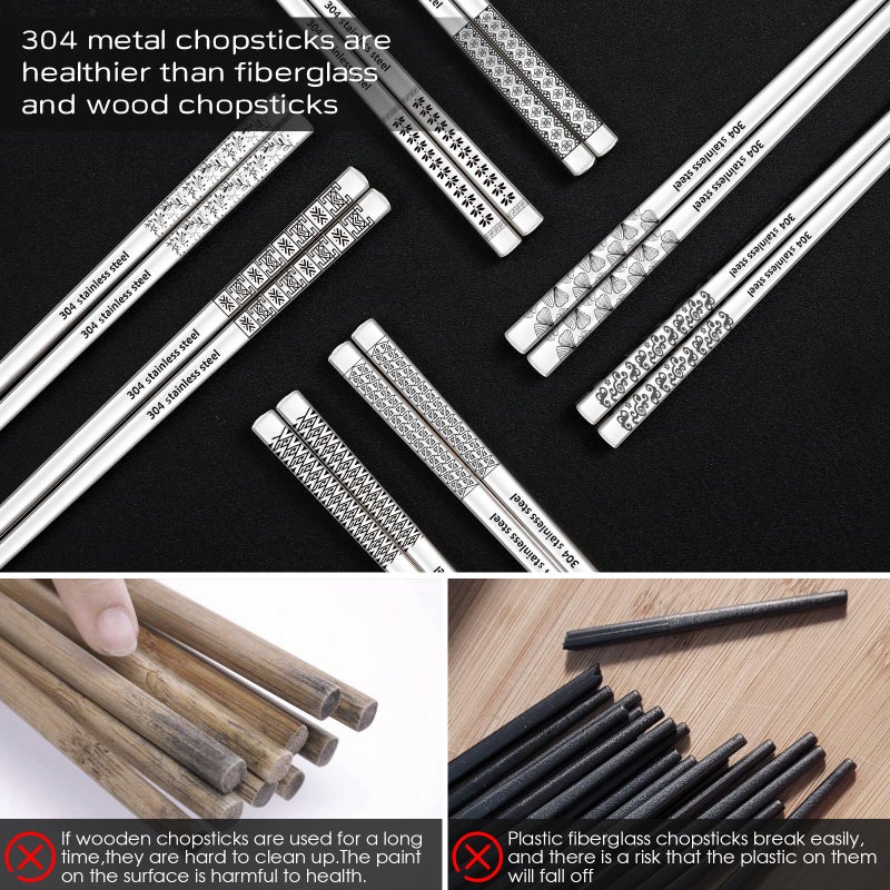 NEWDRIP 8 Pairs Metal Chopsticks Reusable 18/8 Stainless Steel Chopsticks Set Cute Laser Engraved Non-slip Japanese Korean Chinese Chopstick for Cooking Eating Dishwasher Safe 9.25" Chop Sticks Gift Set - Image 5