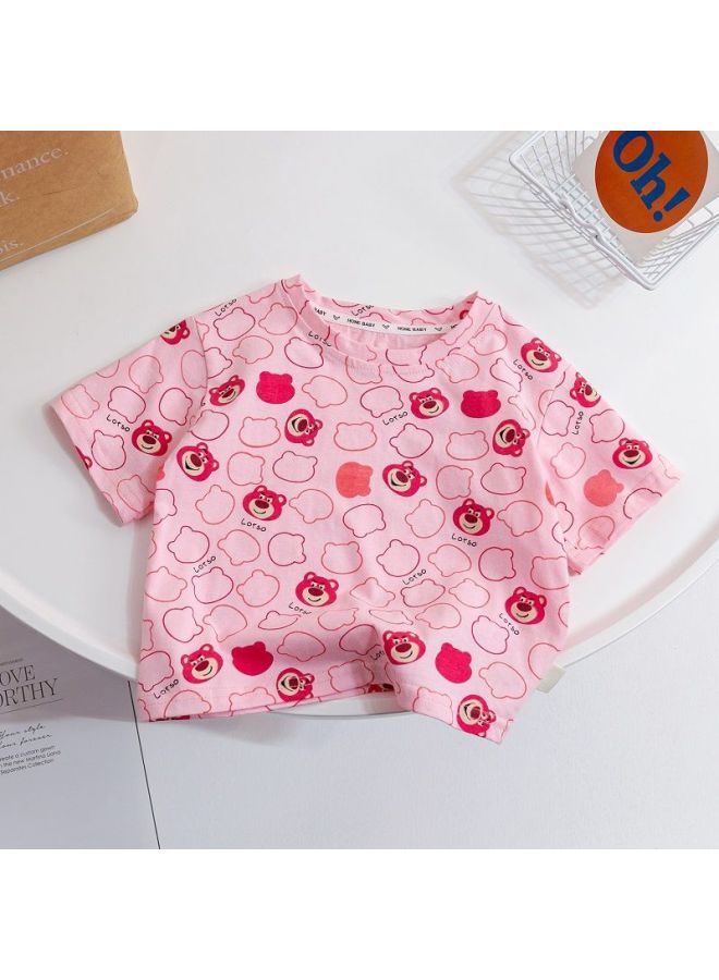 Children's  Summer New Girls Cartoon Cute Full Print Strawberry Bear All-match Short-sleeved T-shirt Fashion Top Trendy