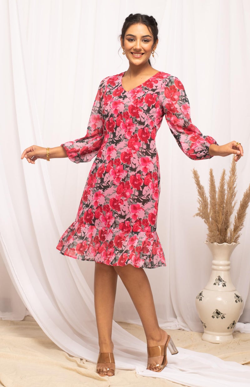 FIORRA Women's Red Georgette Floral Printed Dress DR0006 - Image 4